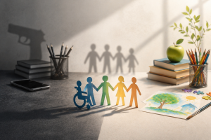 Aydınlık bir çalışma masası üzerinde el ele tutuşmuş, farklı renklerde beş adet kağıt kesiği figür yer alıyor. En soldaki figür tekerlekli sandalyede otururken, diğerleri ayakta durarak bir bütünlük sergiliyor. Masanın sağ tarafında kitaplar, yeşil bir elma, renkli kalemler ve bir çocuk resmi bulunuyor. Görselin sol tarafındaki karanlık duvarda ise bu birlikteliğe doğrultulmuş bir tabanca gölgesi görülüyor. Sağdan gelen parlak bir ışık var. Görsel ve betimleme: Yapay zeka.