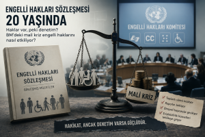 BM Engelli Hakları Sözleşmesi'nin 20. yılına ve mali krize dikkat çeken görsel. Birleşmiş Milletler toplantı salonu önünde; sözleşme kitabı, bir kefesinde insan figürleri diğer ağır basan kefesinde "Mali Kriz" yazılı madeni paraların bulunduğu adalet terazisi ve krizin etkilerini (toplantı sürelerinin kısalması, bekleyen raporlar, geciken başvurular) listeleyen not kağıdı yer alıyor. Altında "Hakikat, ancak denetim varsa güçlüdür." yazıyor. Görsel ve betimleme: Yapay zeka.